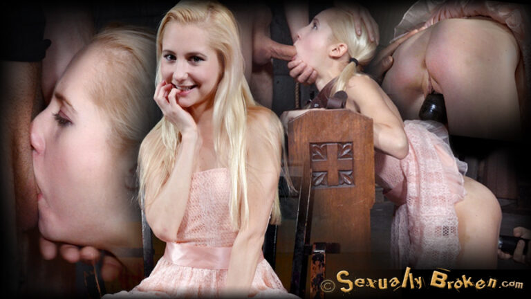 4’11 tiny blonde Odette Delacroix belt bound with brutal deepthroat and squirting orgasms!
