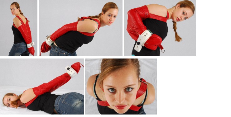 Jennifer in red leather armbinder (plus video)