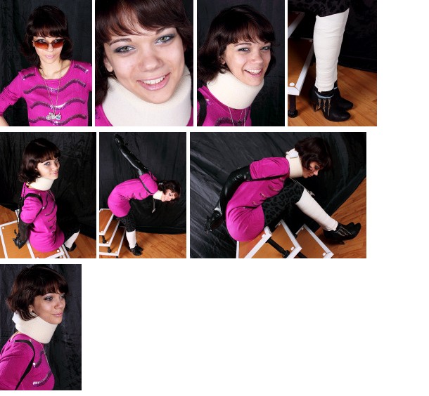 Alysa waiting in armbinder, neck brace and wrapped legs (plus video)