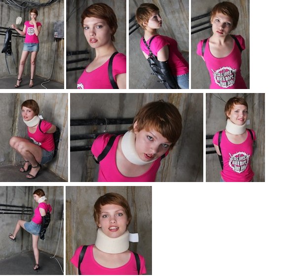 Anya Sweet in leather armbinder and neck brace (plus video)