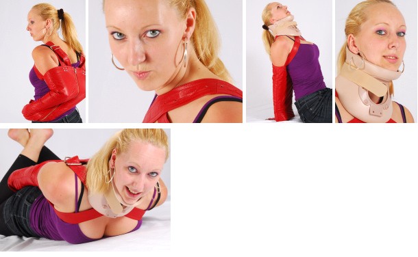 Britt in red leather armbinder and neck brace (plus video)
