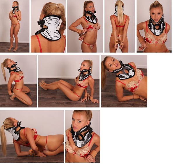 Brittany stuck in neck brace and Humane Restraints cuffs (plus video)