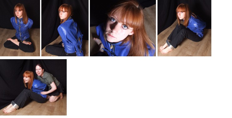 Carly in blue leather armbinder straitjacket (plus video)