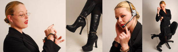 Secretary Tachunko in handcuffs and ankle cuffs