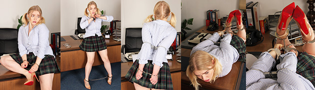 Schoolgirl Jade Samantha hogcuffed on the desk