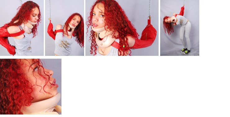 Emmely in neck brace and armbinder strappado (plus video)