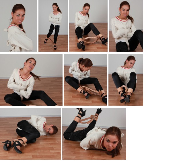 Esmee in tight straitjacket and Humane ankle cuffs (plus video)