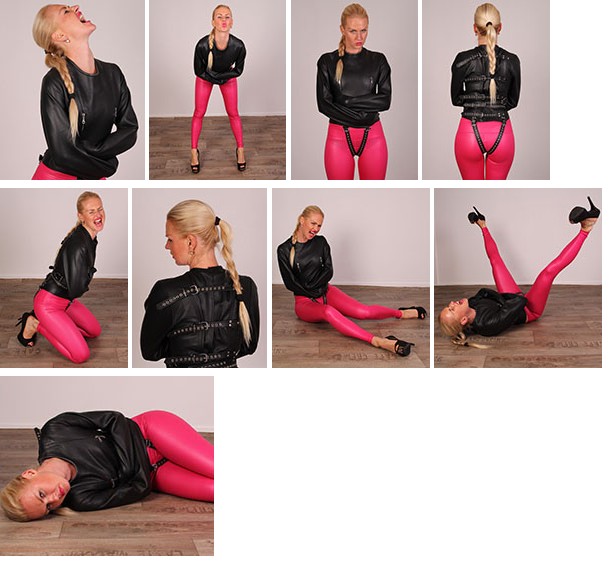 Ingrid B in pink leggings and a leather straitjacket (plus video)
