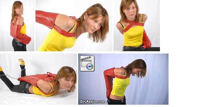 Karima in red leather armbinder (plus video)