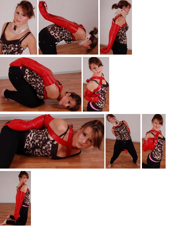 New girl Anthy trying to escape the red leather armbinder (plus video)