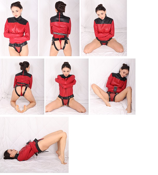 Red leather straitjacket struggles