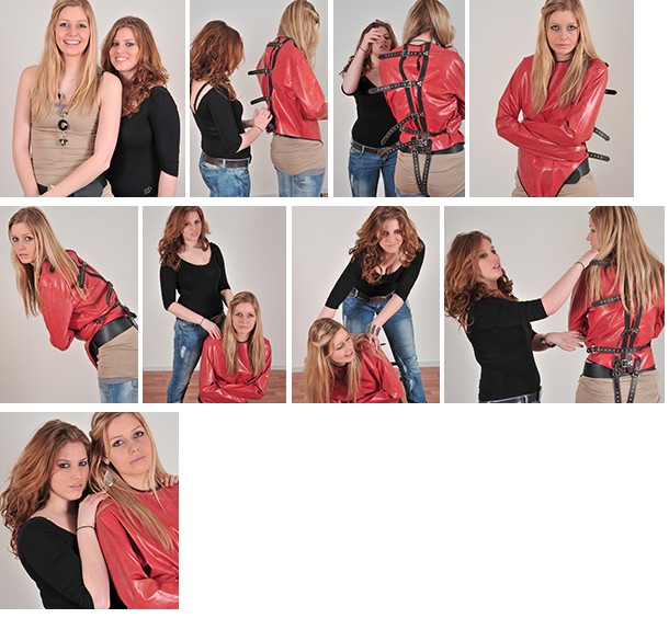Sabine straps Isis into a leather straitjacket