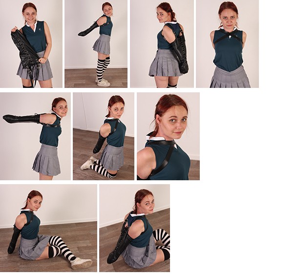 School girl in a leather armbinder