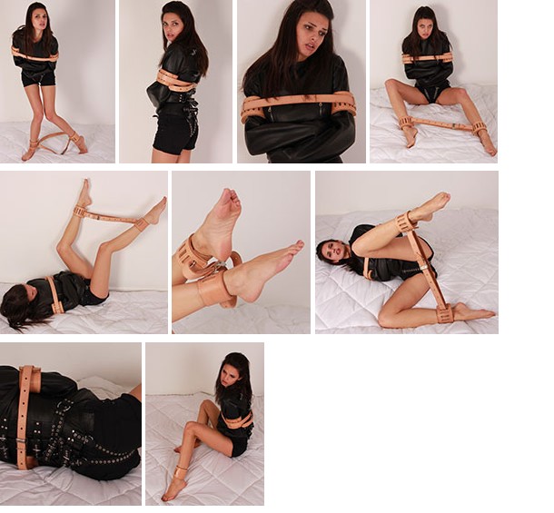 Yasmine in a leather straitjacket and Humane restraints (plus video)