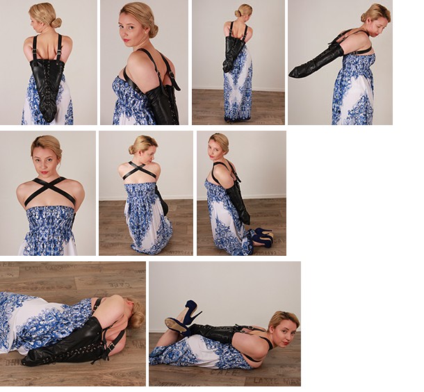 Young Vina restrained in a black leather armbinder (plus video)