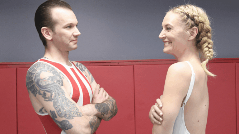 Man destroys blonde babe in wrestling then destroys herpussy