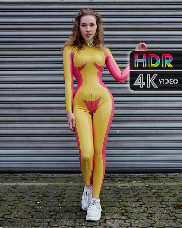 Serena Frost – Pink & yellow catsuit in public
