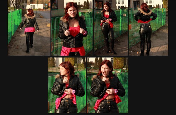 Outdoors in latex, leather, and chastity