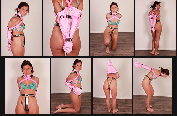 Pink armbinder and chastity belt