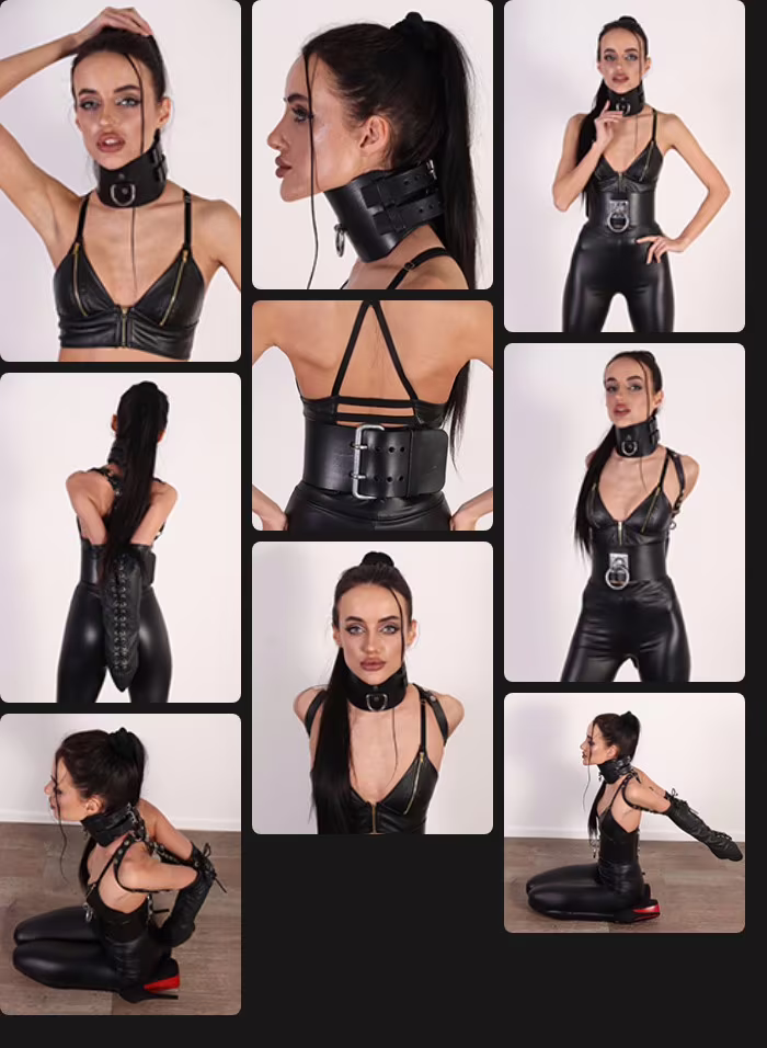 Yelena in a posture collar and armbinder