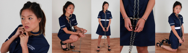 Neck cuffed nurse in heavy chains