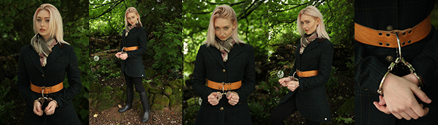Horse riding girl cuffed in the forest