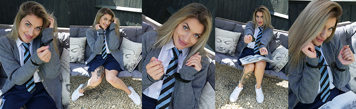 Cuffed school girl studying outdoors