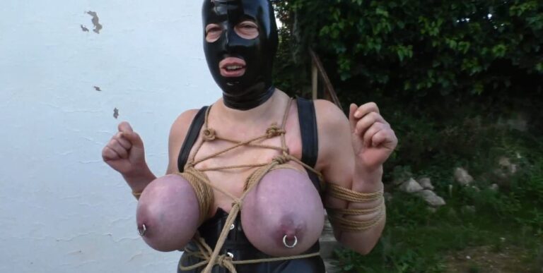 Rubber Bondage Walk with Bound Tits for Titslave Eva Part 1