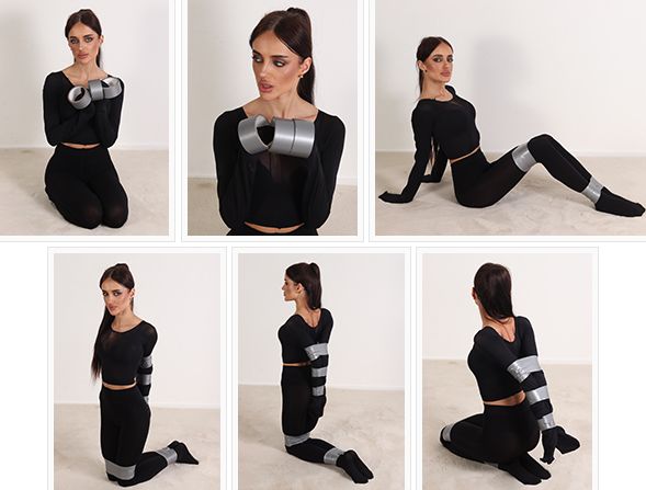 Yelena - extreme tape bondage in pantyhose suit