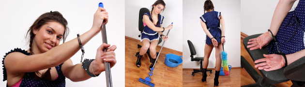 Maid Irene is cleaning the office in handcuffs